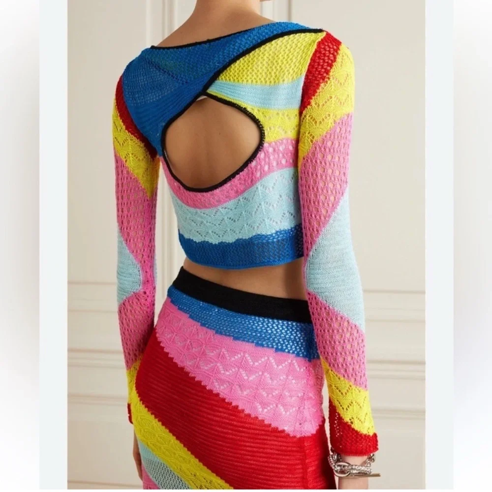 STAUD Women’s Large Limousin Stripe Crochet Crop Top Multicolor - Picture 2 of 10
